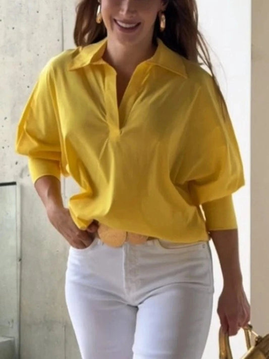 Beautyblue Women Yellow Blouse Cotton Shirt Summer New Casual Loose Tops Spring Chic Lapel Shirt Female Work Wear Shirt Blouse
