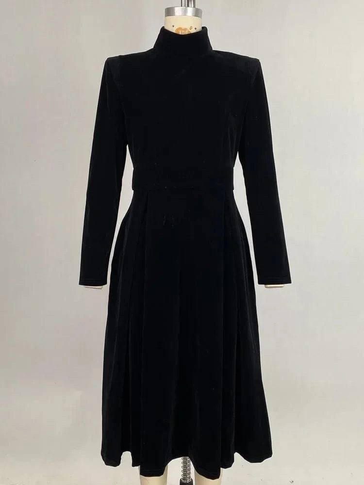 Beautyblue Womens Evening Dresses High Neck Midi Dress New Black Long Sleeves Elegant Party Dress for Female Casual Gathering