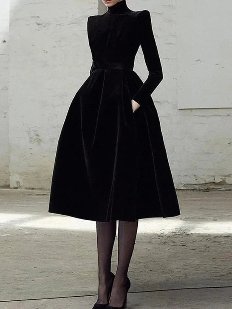 Beautyblue Womens Evening Dresses High Neck Midi Dress New Black Long Sleeves Elegant Party Dress for Female Casual Gathering