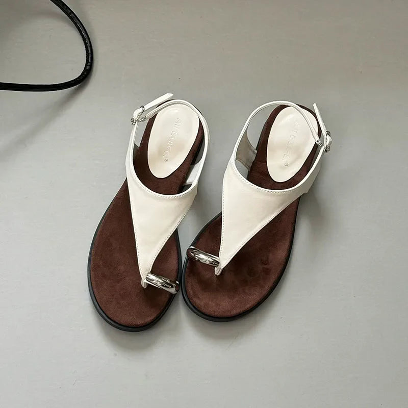 Beige / 35 Spring Summer Fashion Metal Ladies Wedges Sandals Shoes Female Buckle Strap Women Wedges Sandals Heeled Shoes Flip flops