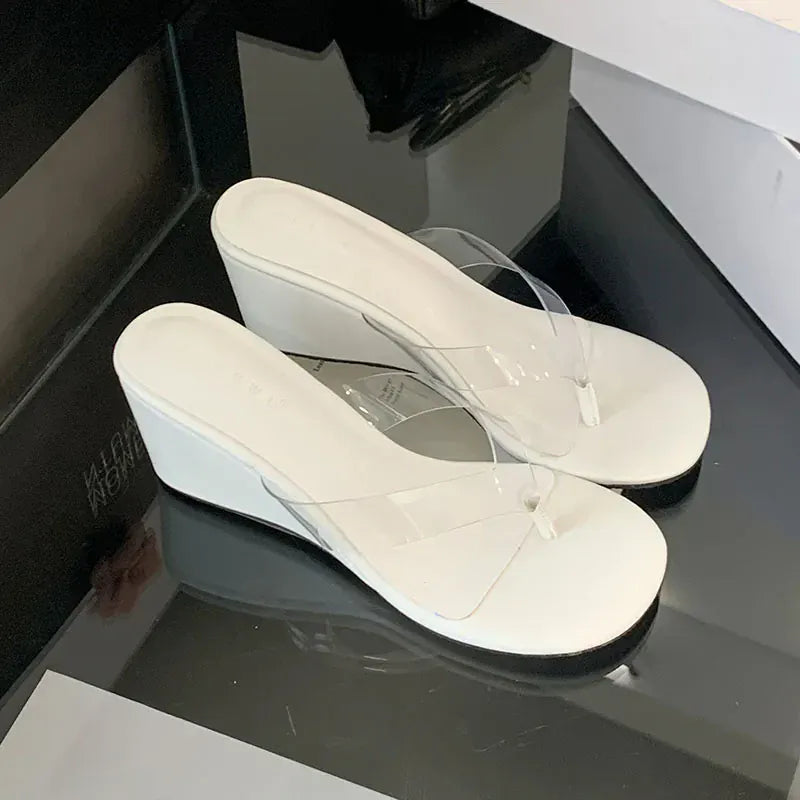 Beige / 38 Fashion Transparent Women Wedges Slippers Shoes Female Flip flops Sandals Slides Round Toe Ladies Wedges Slippers Shoes Pumps
