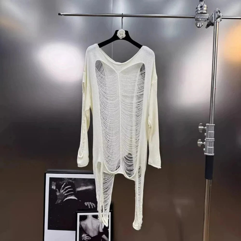 BEIGE / One Size VGH Streetwear Spliced Hollow Out Summer Knitwear for Women Round Neck Long Sleeve Patchwork Asymmetrical Designer Tees Female