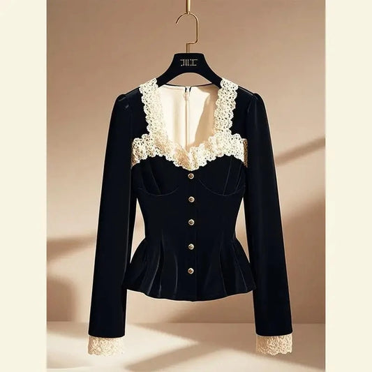 Beige / S Vintage Luxury Lace Long sleeve Velvet Top Women Elegant Ladies Sequin Tunic Shirt Female Office Party Wear Top 2024 Korean New