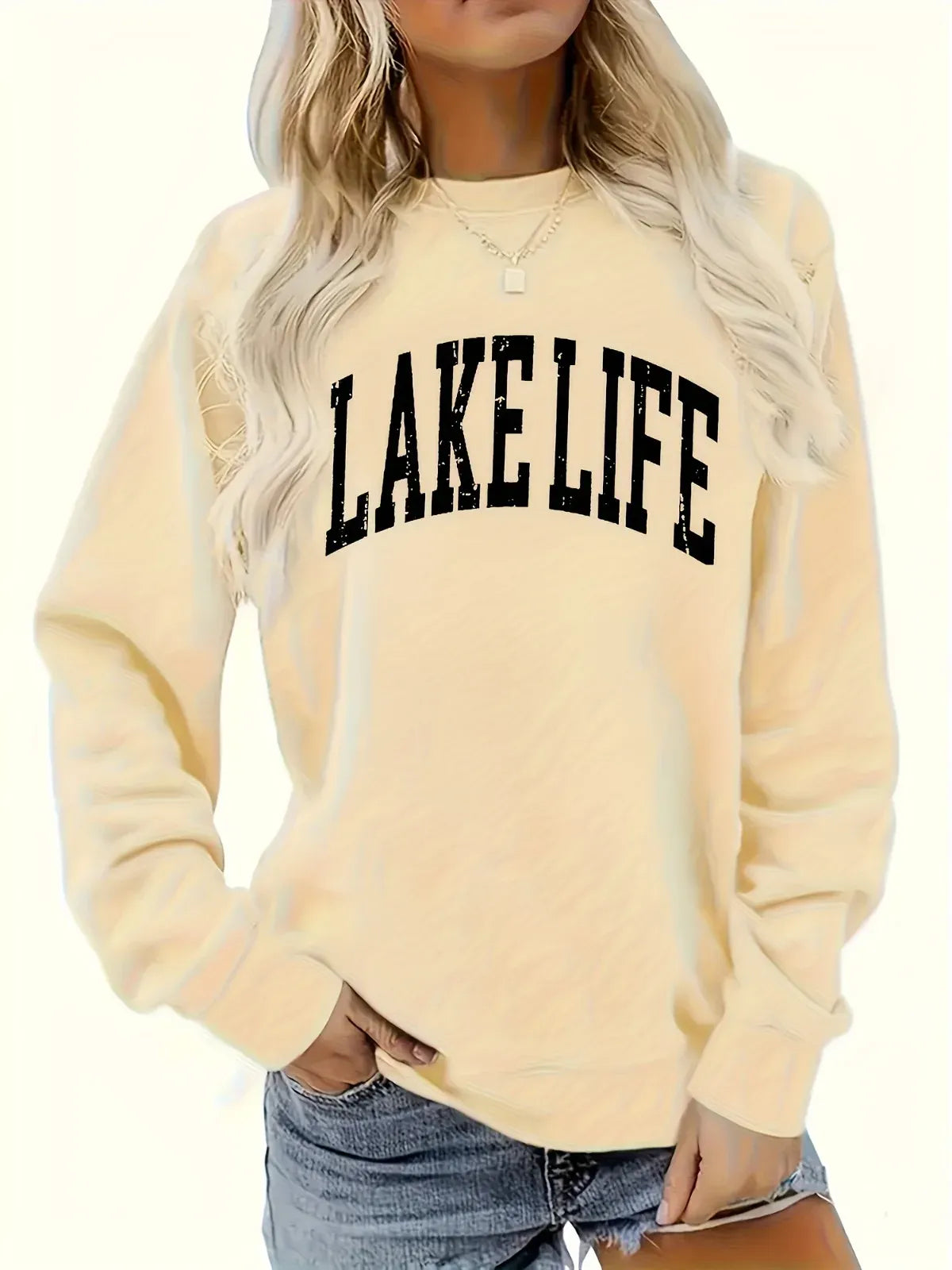 Beige / XXL / United States Women's Casual Fashion Sports Lake Life Letter Pattern Printed Hoodie Round Neck Pullover Suitable for Holiday Gifts Sweatshirt