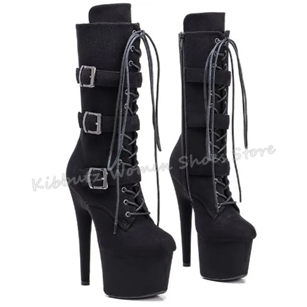 Belt Buckle Boots Over The Knee Platform Solid Color Lace-Up Thick Bottom Party Sexy Nightclub Fashion Patent Leather Shoes New