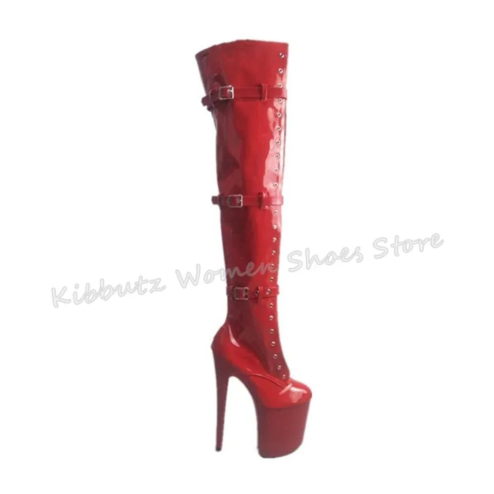 Belt Buckle Boots Over The Knee Platform Solid Color Lace - Up Thick Bottom Party Sexy Nightclub Fashion Patent Leather Shoes New - SN Wigs & More
