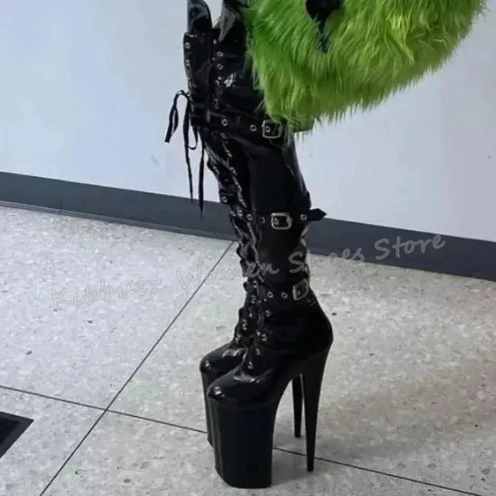 Belt Buckle Boots Over The Knee Platform Solid Color Lace - Up Thick Bottom Party Sexy Nightclub Fashion Patent Leather Shoes New - SN Wigs & More