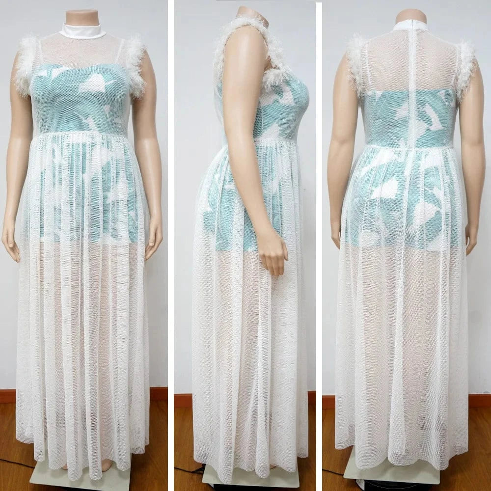 best selling dropshipping products 2024 women's temperament see-through sexy mesh long skirt plus size dress two piece set