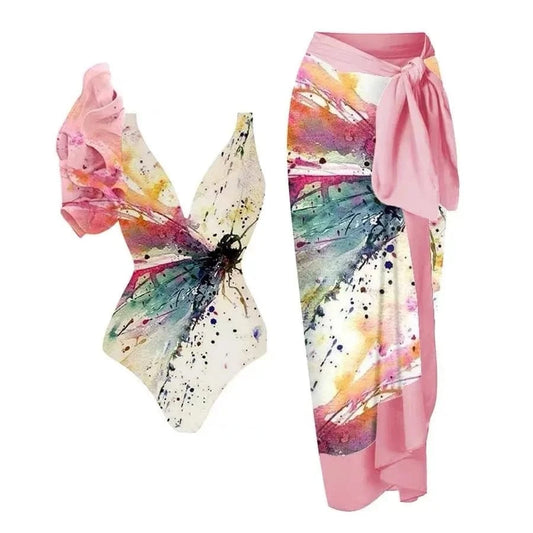 Bestway 2024 New Ruffle Swimsuit floral print One Pieces Bathing Suit and beach Sarong For Women V-Neck swimwear Monokini Skirt