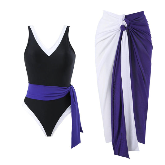 Bestway Manufacture Factory OEM One Piece Swimsuit for Women Bandage V-neck Patchwork Swimwear and Cover Up Skirt Beach Set 2024