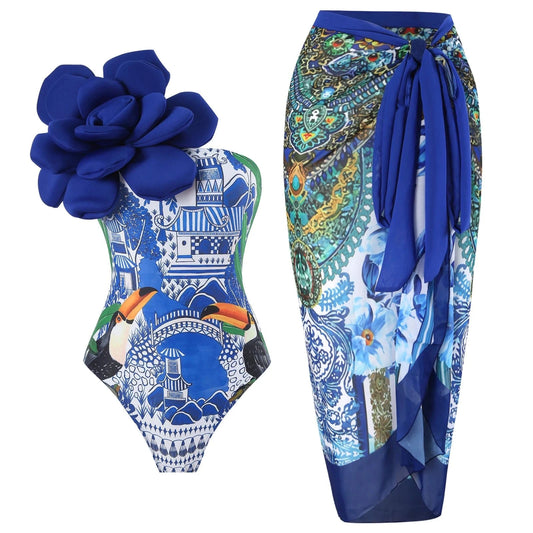 Bestway New Arrivals Big Flower Floral Printed Swimsuit with Beach Skirt Bathing Suit For Women Swimwear 2024 ready to ship OEM