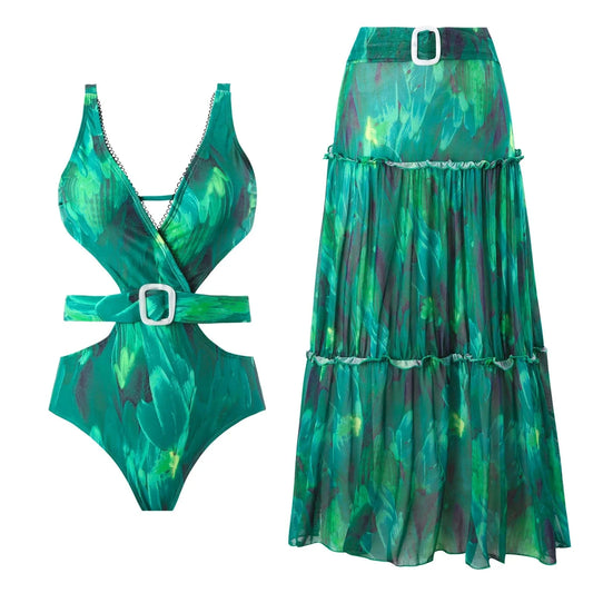 BESTWAYCLOX 2024 new factory digital print one pieces swimsuit Hollow out and Skirt two pieces Beach sets with Belt Swimwear OEM