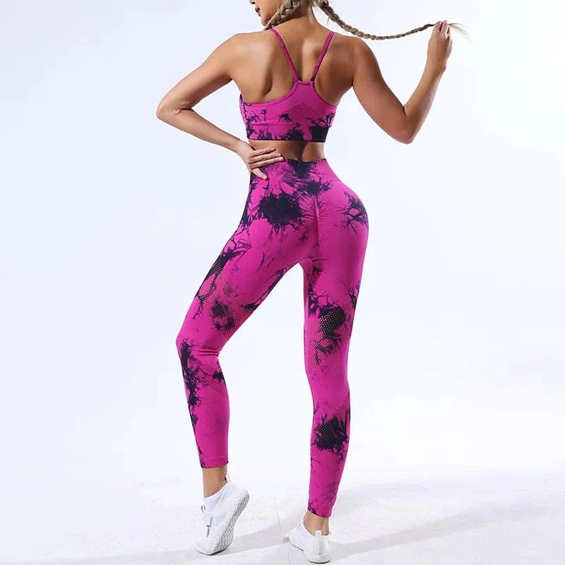 BESTWAYCLOX 2024 new outfit bodysuit Quick drying sexy tie dyed sportswear seamless yoga set hip lifting tight yoga pants set