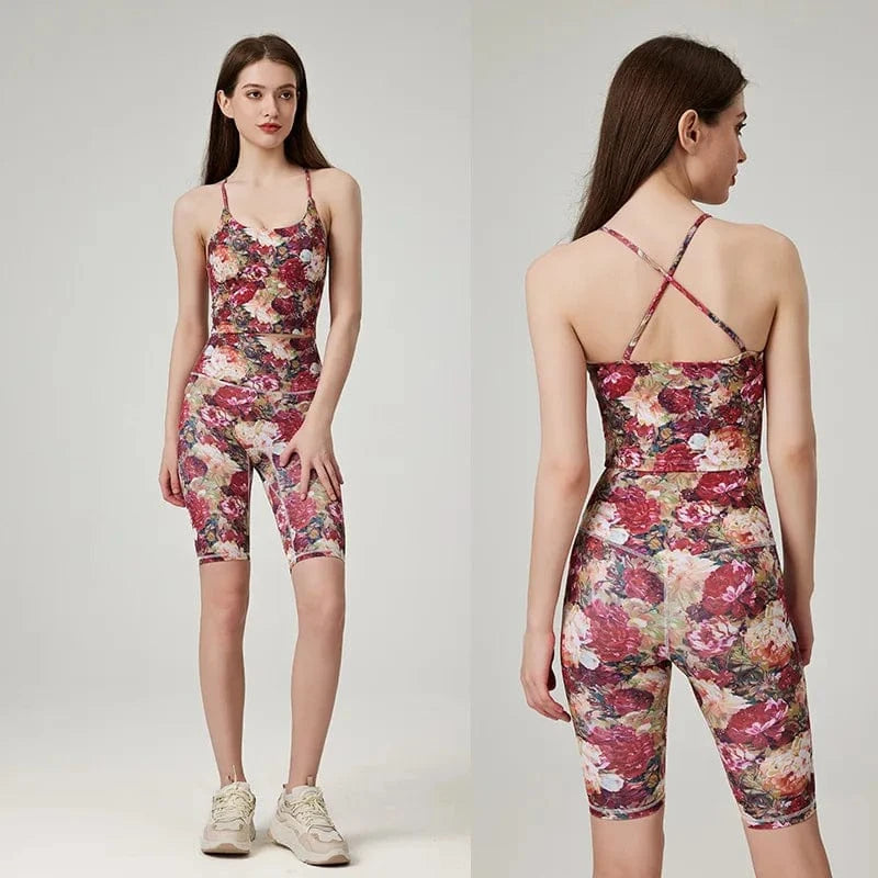 BESTWAYCLOX Romantic Yoga Suit Set Summer Sportswear Shockproof High Strength Fitness Quick Drying Tank Top Yoga Set 2024 custom