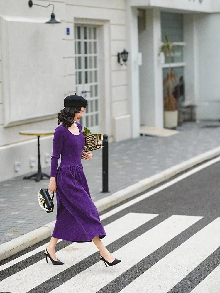 Bettergirl 2024 New lady elegant and noble tight fitting purple wool knitted long casual women's dresses