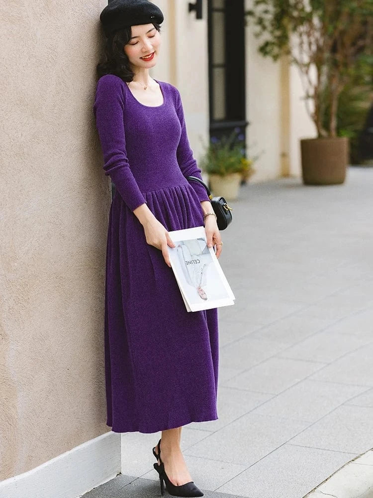 Bettergirl 2024 New lady elegant and noble tight fitting purple wool knitted long casual women's dresses
