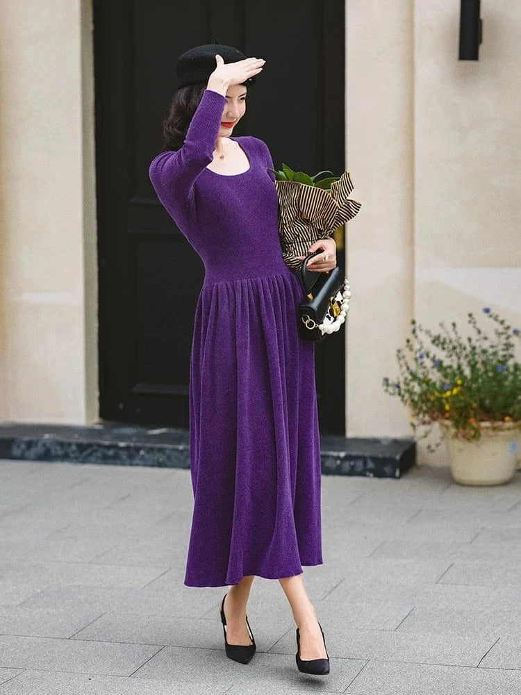 Bettergirl 2024 New lady elegant and noble tight fitting purple wool knitted long casual women's dresses