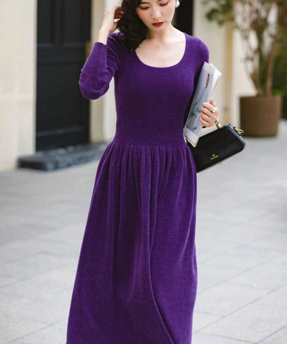 Bettergirl 2024 New lady elegant and noble tight fitting purple wool knitted long casual women's dresses