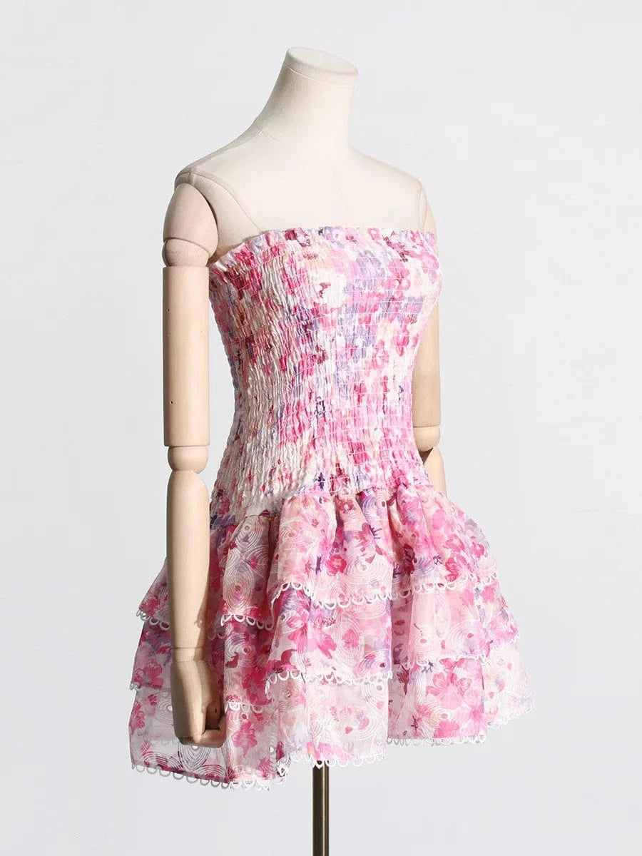 Bettergirl Fashion Floral Breast Top Short Pink Dress Women's Clothing 2024 Spring Holiday Casual Sexy Elegant Women's Dresses