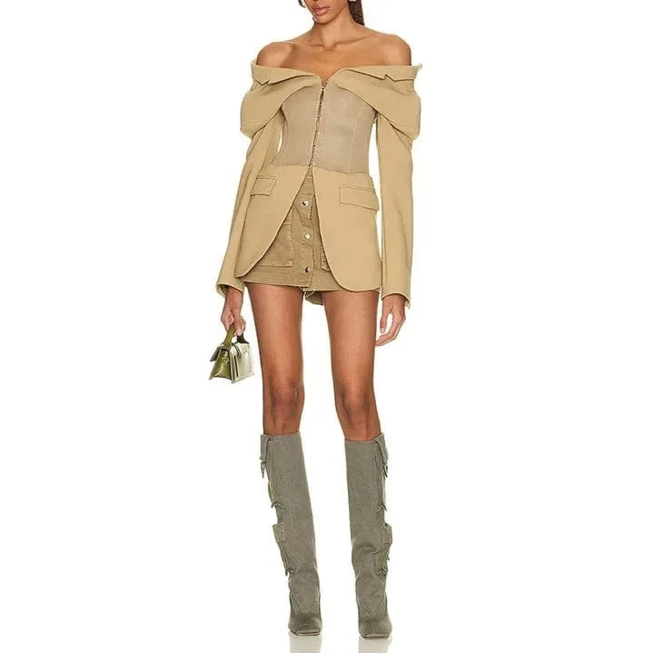 Bettergirl Fashion Stand Collar Patchwork High Waist Button Tight Khaki Coat Women's Clothing 2024 Spring Long Women's Dresses