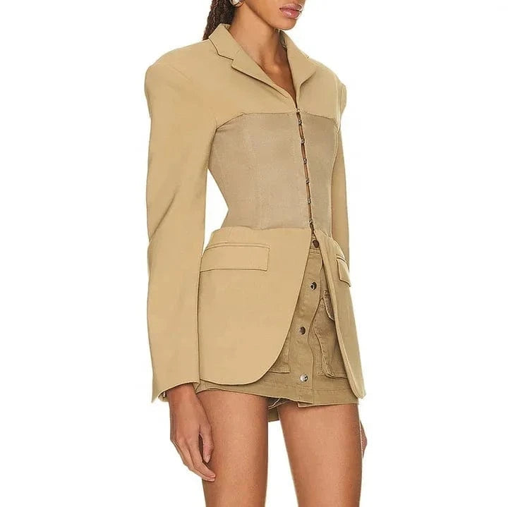 Bettergirl Fashion Stand Collar Patchwork High Waist Button Tight Khaki Coat Women's Clothing 2024 Spring Long Women's Dresses
