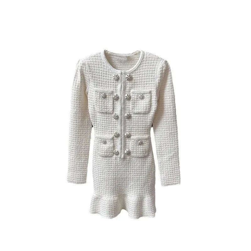 Bettergirl New Autumn And Winter Fashion New Lady Ivory White Temperament Fashion O-neck Button Decorated Knitted Short Dress