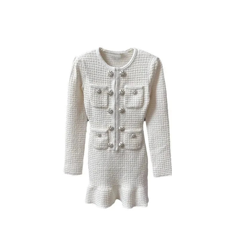 Bettergirl New Autumn And Winter Fashion New Lady Ivory White Temperament Fashion O-neck Button Decorated Knitted Short Dress