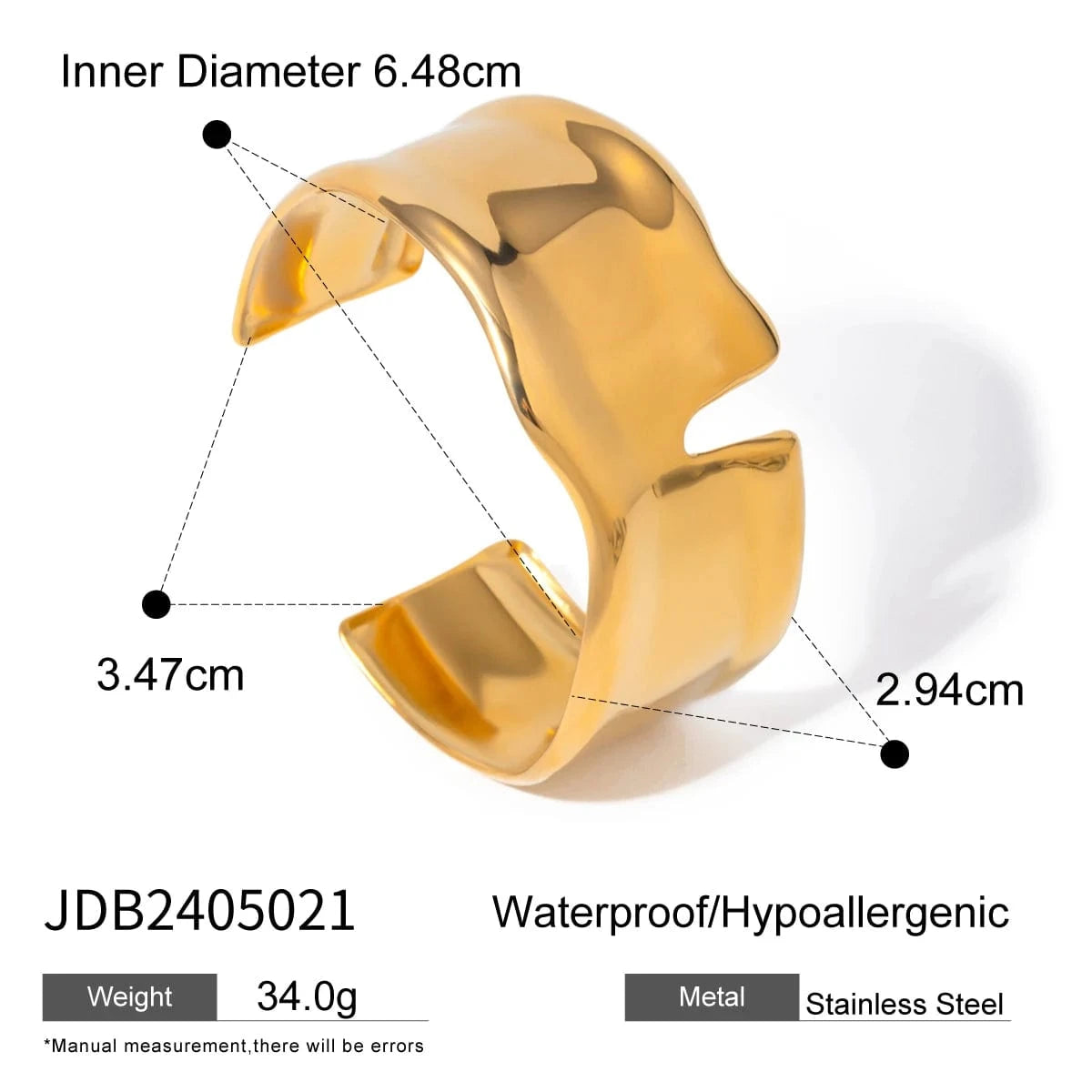 BG877 18K PVD Gold Plated Silver Wide Hammered Texture and V Gap Opening Irregular Shape Cuff Bangle For Women