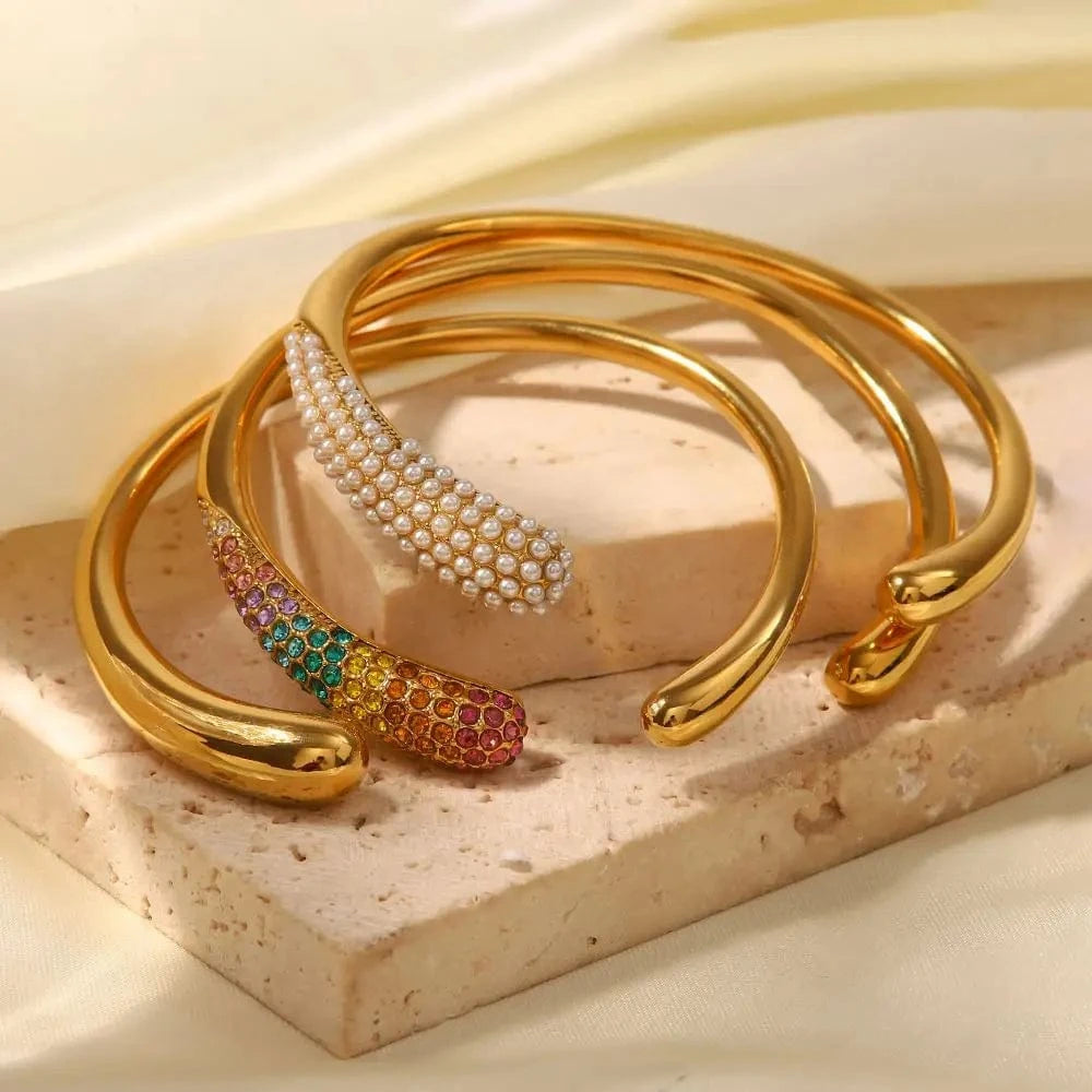 BG906 New Arrival 18K Gold Plated Mini Pearl Bracelets Stainless Steel Pave Colorful Zircon Cuff Bangle