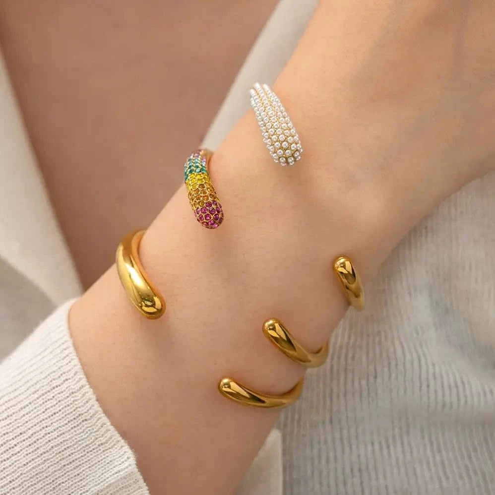 BG906 New Arrival 18K Gold Plated Mini Pearl Bracelets Stainless Steel Pave Colorful Zircon Cuff Bangle