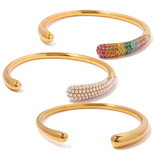 BG906 New Arrival 18K Gold Plated Mini Pearl Bracelets Stainless Steel Pave Colorful Zircon Cuff Bangle