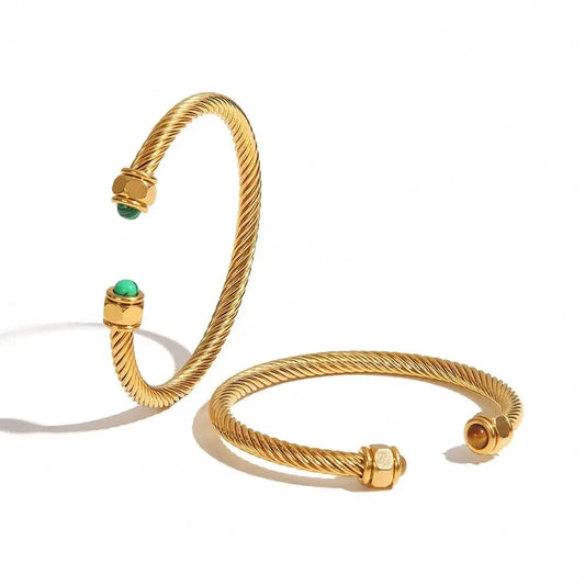 BG910 New Trendy18k Gold Plated Stainless Steel Jewelry Party Gift Nature Stone Twist Pave Opening Bangles
