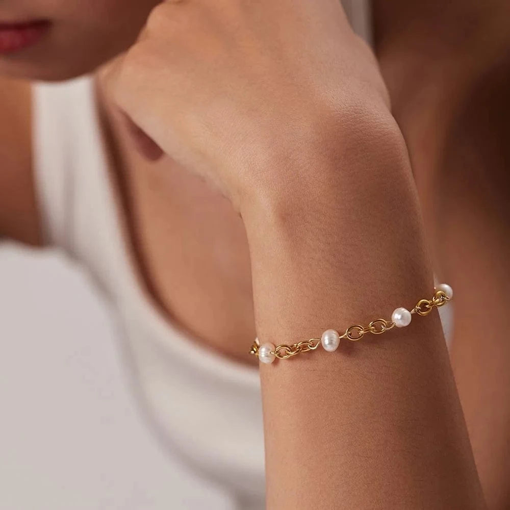 BG928 / 16+5cm / BG928 BG928 18k Gold Stainless Steel Women Luxury Dainty Chain Bangles  Natural Freshwater Pearl Bracelets
