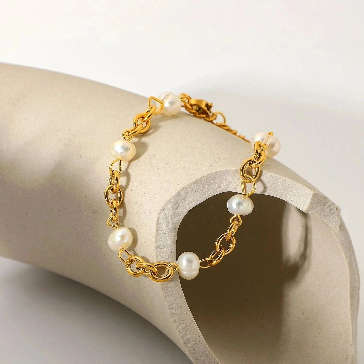 BG928 / 16+5cm / BG928 BG928 18k Gold Stainless Steel Women Luxury Dainty Chain Bangles  Natural Freshwater Pearl Bracelets