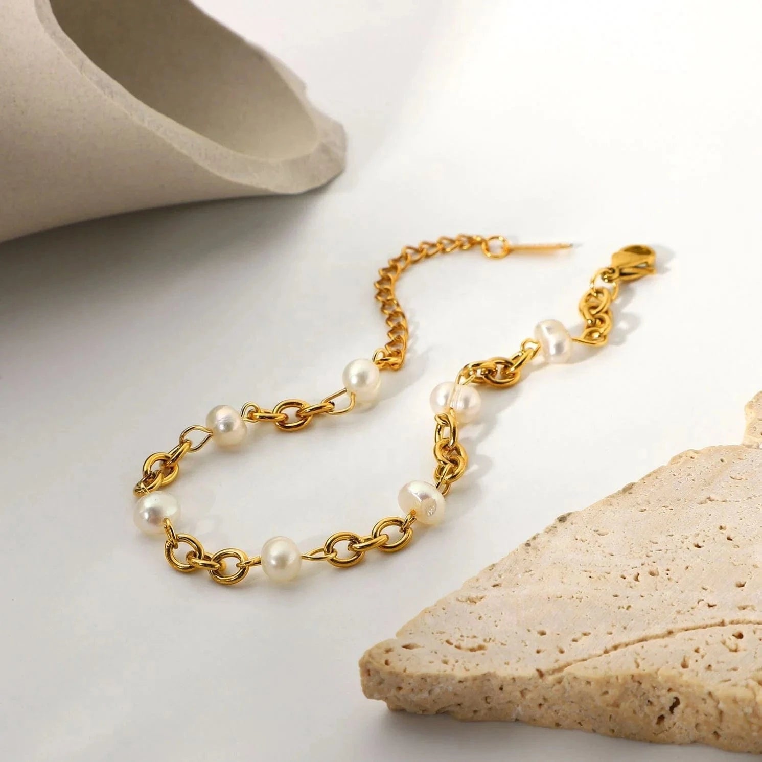 BG928 / 16+5cm / BG928 BG928 18k Gold Stainless Steel Women Luxury Dainty Chain Bangles  Natural Freshwater Pearl Bracelets