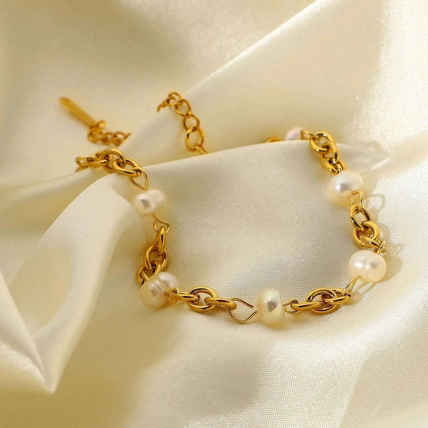 BG928 / 16+5cm / BG928 BG928 18k Gold Stainless Steel Women Luxury Dainty Chain Bangles  Natural Freshwater Pearl Bracelets