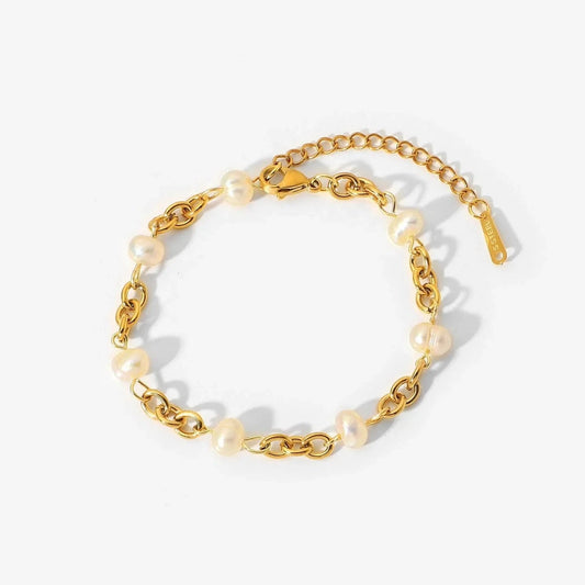 BG928 / 16+5cm / BG928 BG928 18k Gold Stainless Steel Women Luxury Dainty Chain Bangles  Natural Freshwater Pearl Bracelets