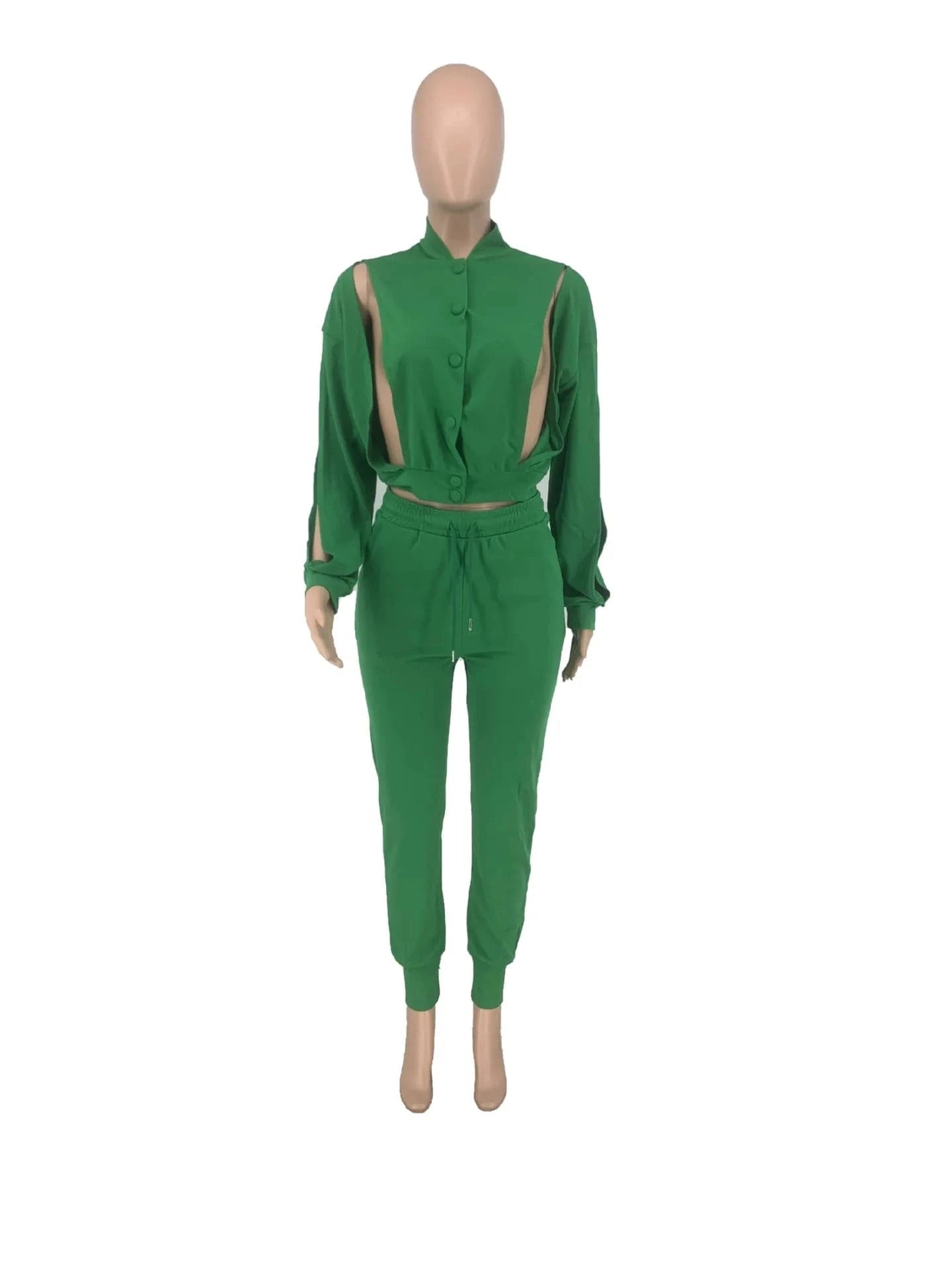 BH1057  Women Fall Green Color Hollow Out Two Piece Long Pant Set