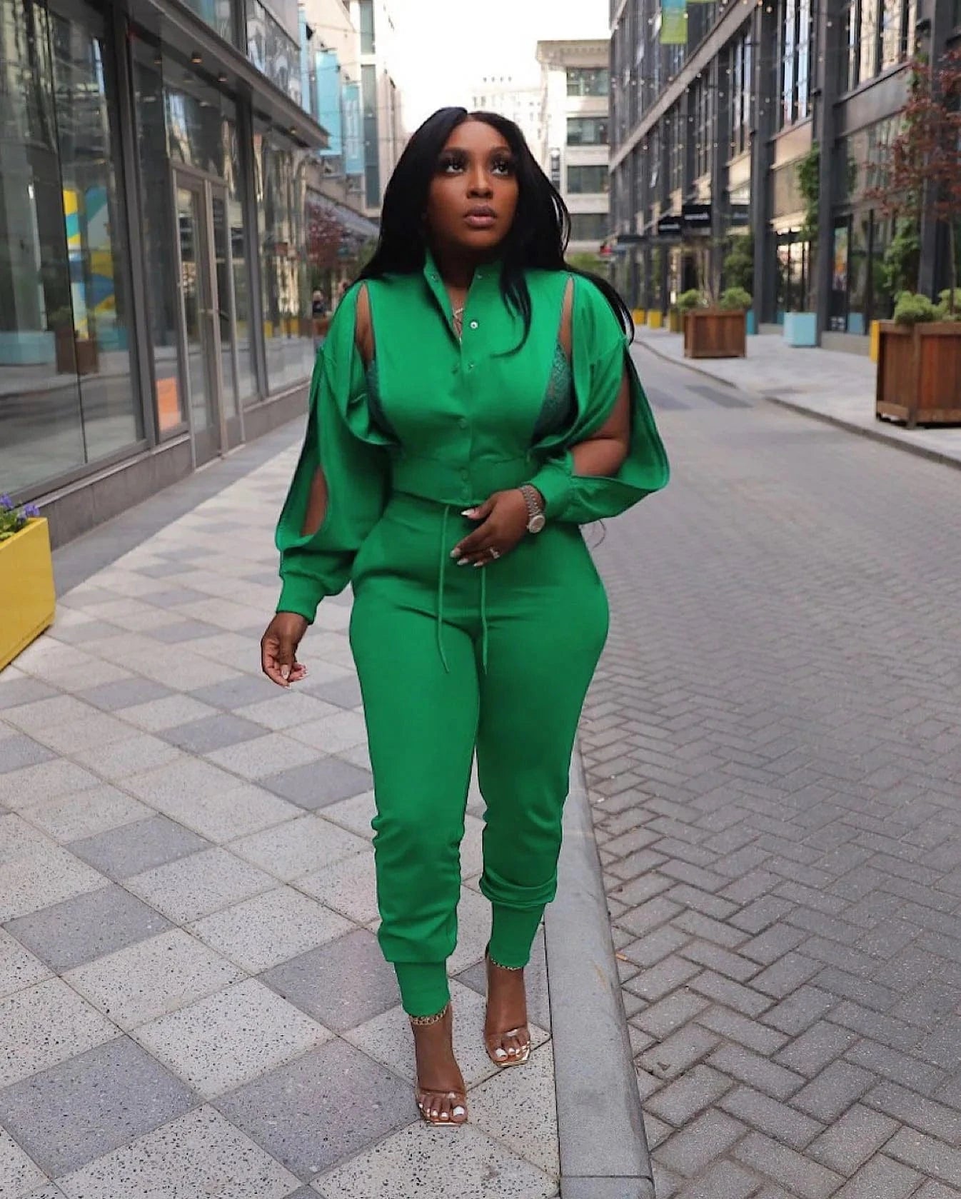 BH1057  Women Fall Green Color Hollow Out Two Piece Long Pant Set
