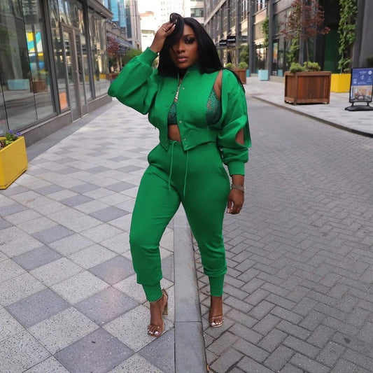BH1057  Women Fall Green Color Hollow Out Two Piece Long Pant Set