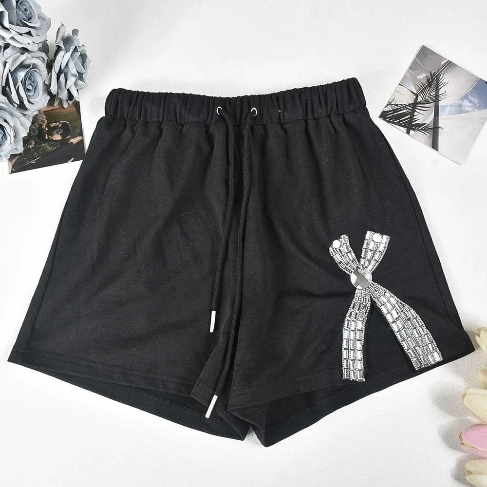 BH1109 2024 women  summer new crop lace up hot diamond round neck two piece shorts set