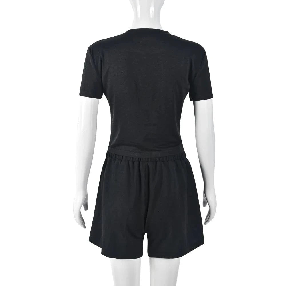 BH1109 2024 women  summer new crop lace up hot diamond round neck two piece shorts set