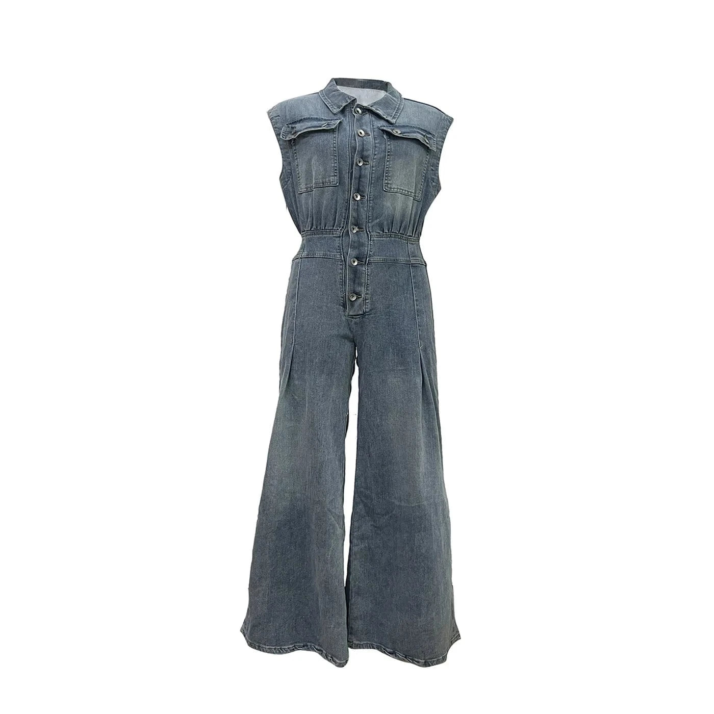 BH1212 Casual washed sleeveless denim wide leg one piece jumpsuit