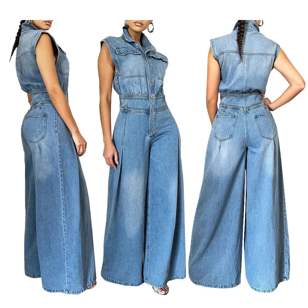 BH1212 Casual washed sleeveless denim wide leg one piece jumpsuit