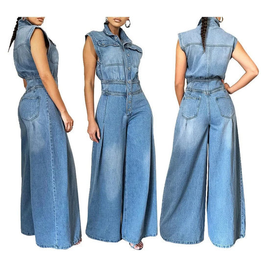 BH1212 Casual washed sleeveless denim wide leg one piece jumpsuit