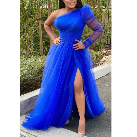 BH650 PLUS SIZE SINGLE SLEEVE ELEGANT PARTY WEDDING GUESTS BRIDESMAID TULLE MAXI DRESS
