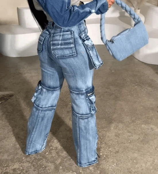 Big Pockets Patchwork Cargo Denim Pants Women 2023 Fashion High Waist Straight Wide Leg Jeans Harajuku Oversized Trousers