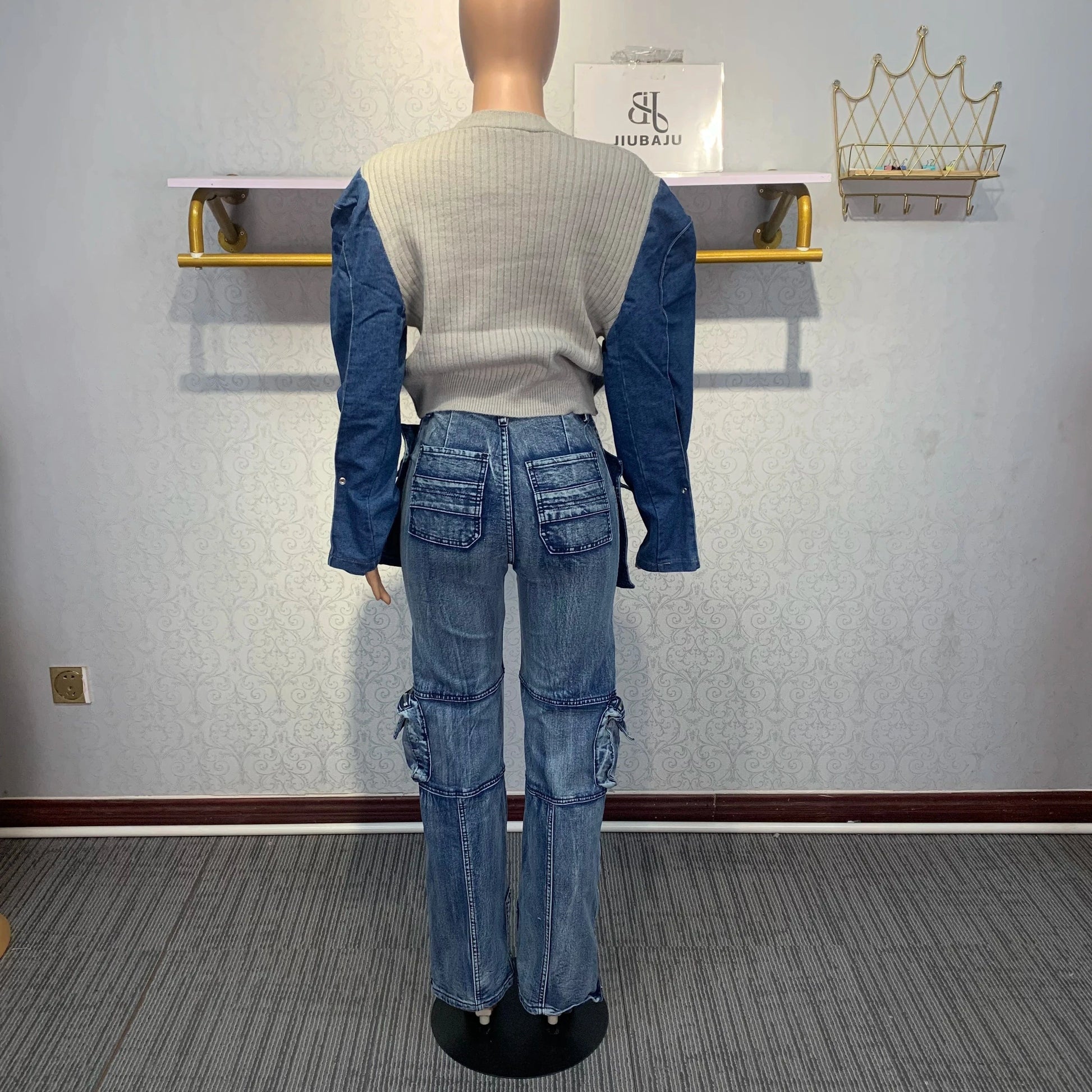 Big Pockets Patchwork Cargo Denim Pants Women 2023 Fashion High Waist Straight Wide Leg Jeans Harajuku Oversized Trousers