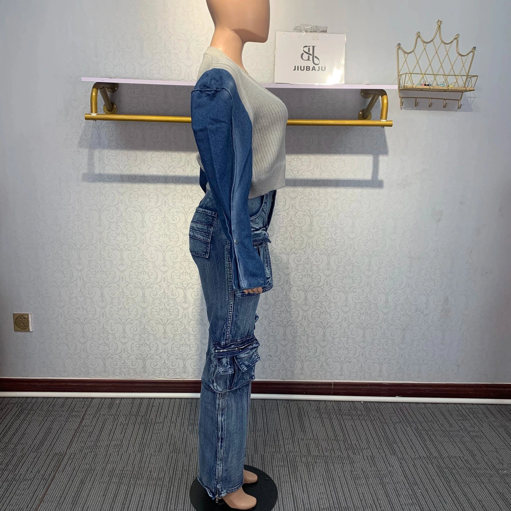 Big Pockets Patchwork Cargo Denim Pants Women 2023 Fashion High Waist Straight Wide Leg Jeans Harajuku Oversized Trousers