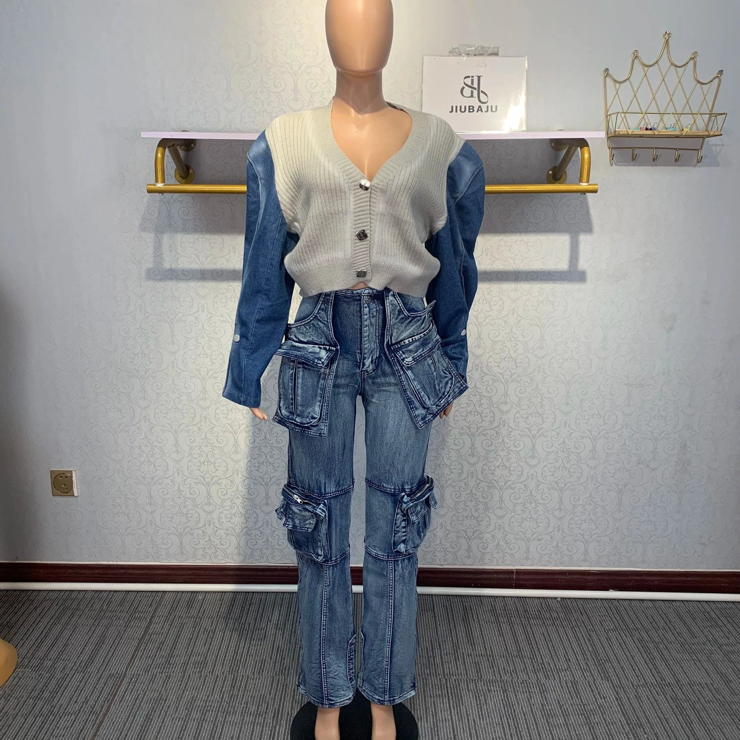Big Pockets Patchwork Cargo Denim Pants Women 2023 Fashion High Waist Straight Wide Leg Jeans Harajuku Oversized Trousers
